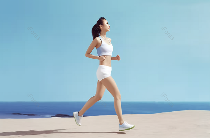 蓝色在海边跑步的年轻女性穿着白色运动套装摄影背景,高清,摄影图,摄影图片,图片大全,摄影图免费下载
